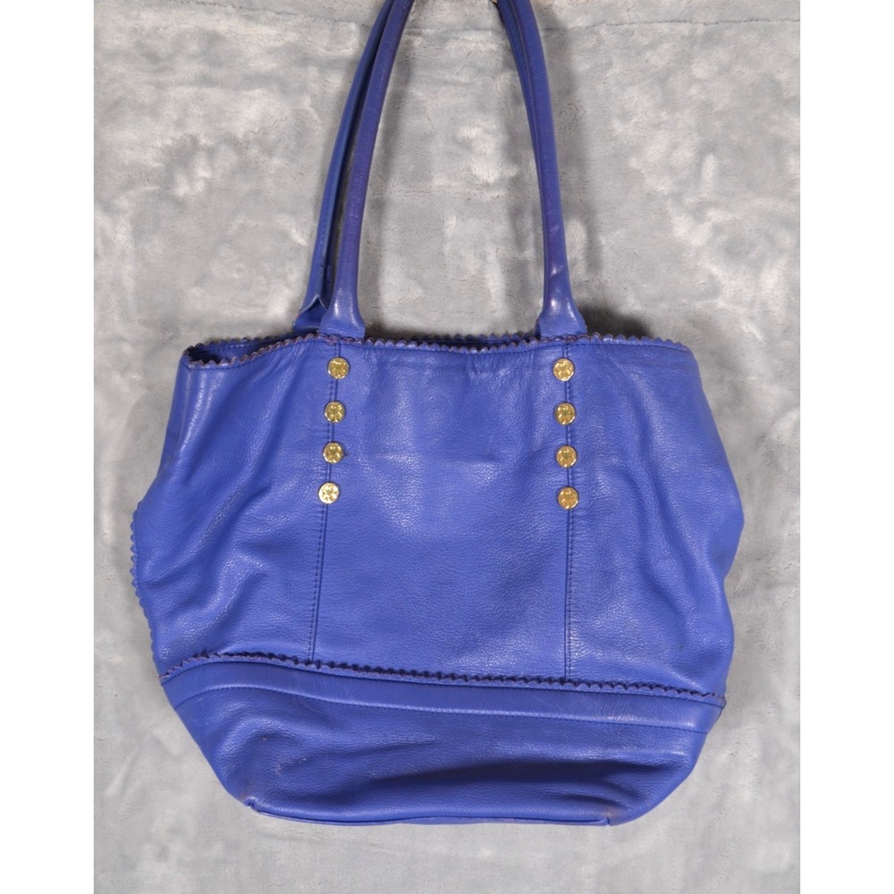 Emma Fox Blue Leather Tote Bag Purse Double‎ Handles Yellow Floral Lining